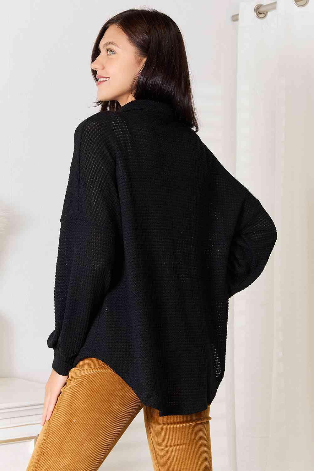 Waffle-Knit Dropped Shoulder Plus Size Black Shirt - MXSTUDIO.COM