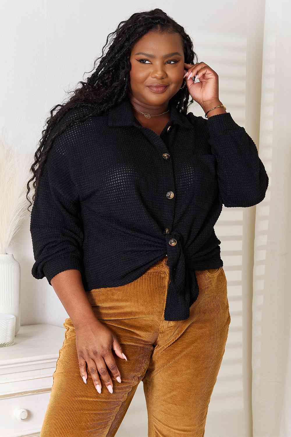 Waffle-Knit Dropped Shoulder Plus Size Black Shirt - MXSTUDIO.COM