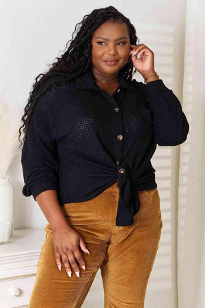 Waffle-Knit Dropped Shoulder Plus Size Black Shirt - MXSTUDIO.COM