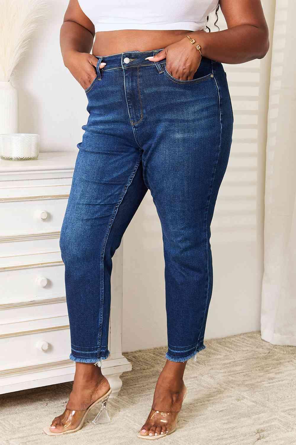 Well-Suited Plus Size High Waisted Raw Hem Jeans - MXSTUDIO.COM