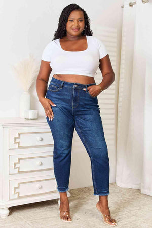 Well-Suited Plus Size High Waisted Raw Hem Jeans - MXSTUDIO.COM