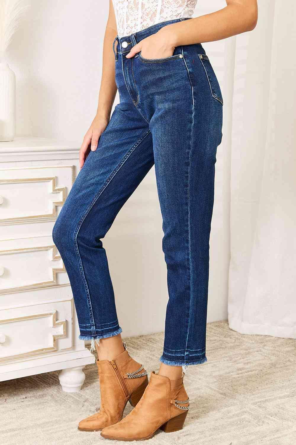 Well-Suited Plus Size High Waisted Raw Hem Jeans - MXSTUDIO.COM