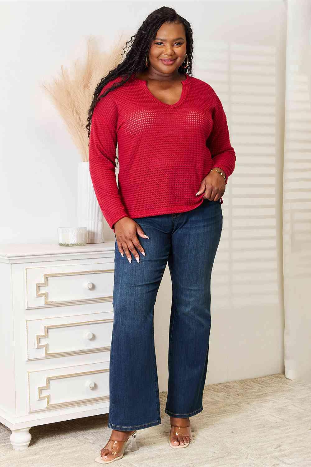 Wide Notch Women's Plus Size Red Top - MXSTUDIO.COM