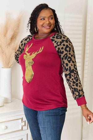 Wine Red Graphic Women's Plus Size Leopard Print Top - MXSTUDIO.COM