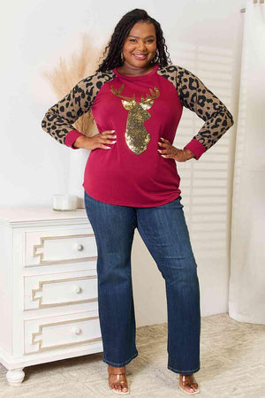 Wine Red Graphic Women's Plus Size Leopard Print Top - MXSTUDIO.COM