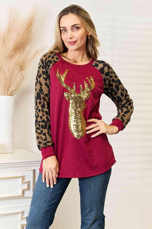 Wine Red Graphic Women's Plus Size Leopard Print Top - MXSTUDIO.COM