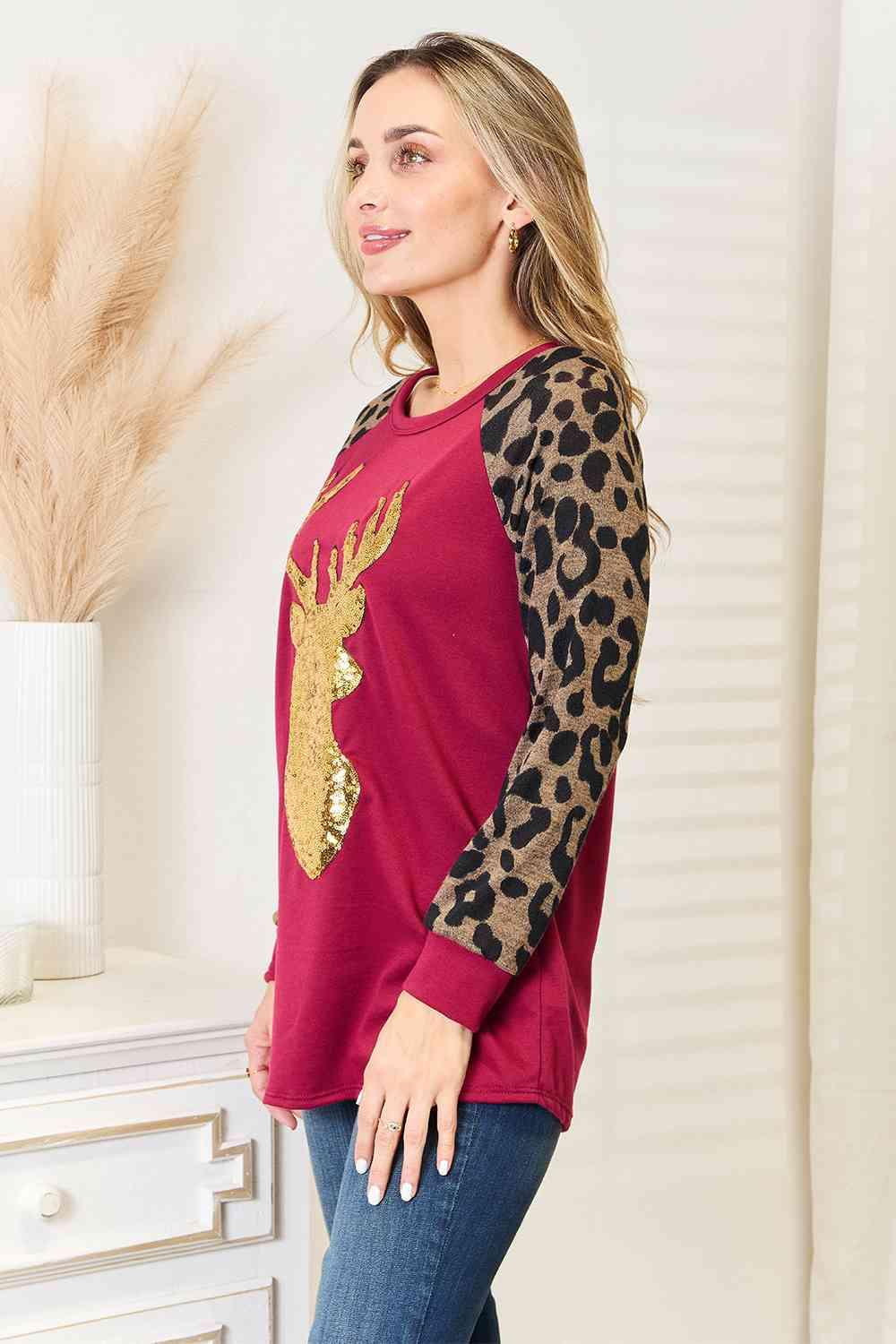 Wine Red Graphic Women's Plus Size Leopard Print Top - MXSTUDIO.COM