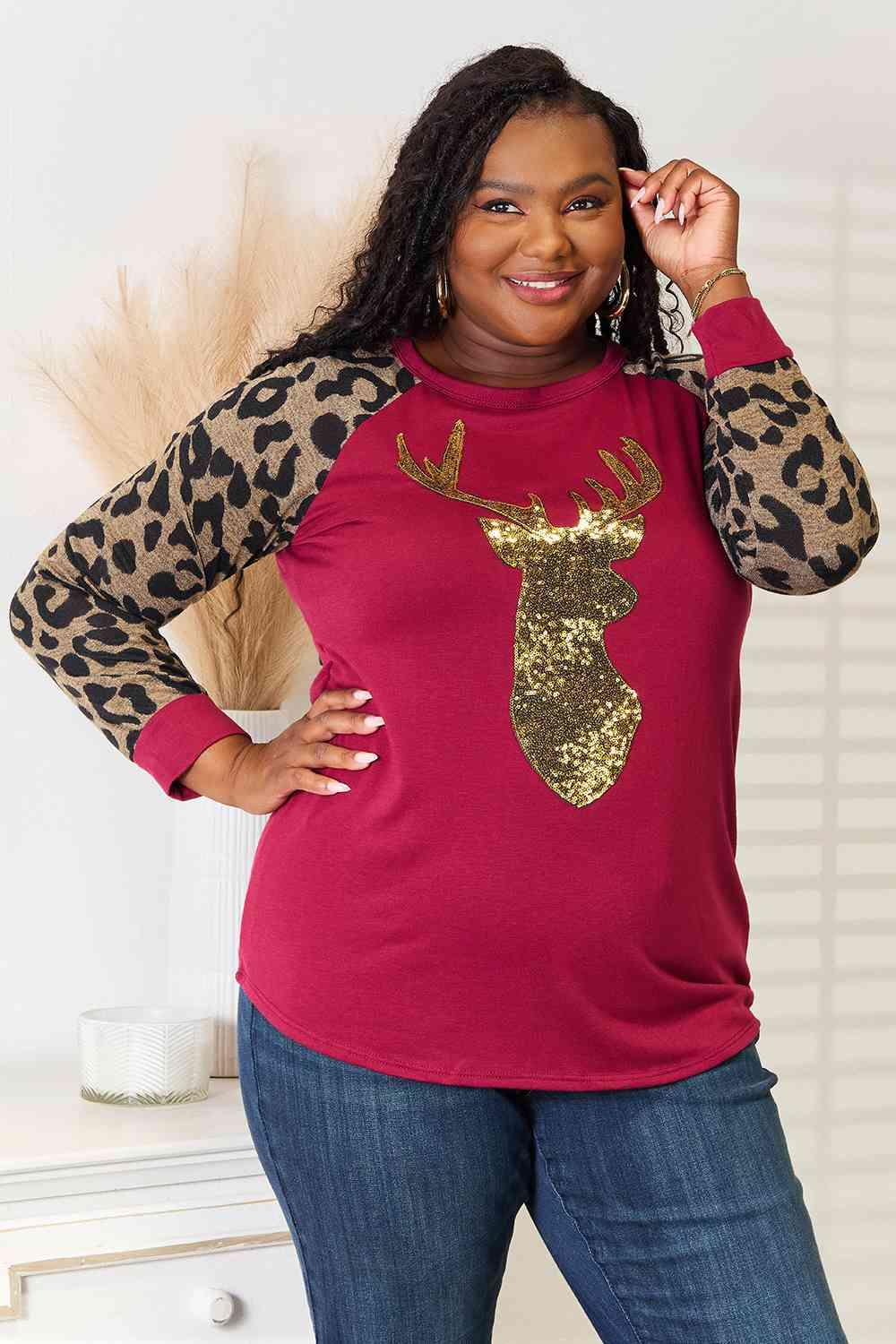 Wine Red Graphic Women's Plus Size Leopard Print Top - MXSTUDIO.COM