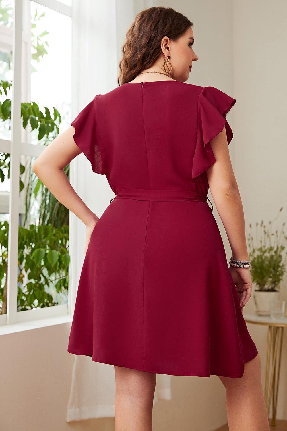 Worthwhile Surplice Neck Plus Size Tie Waist Dress - MXSTUDIO.COM