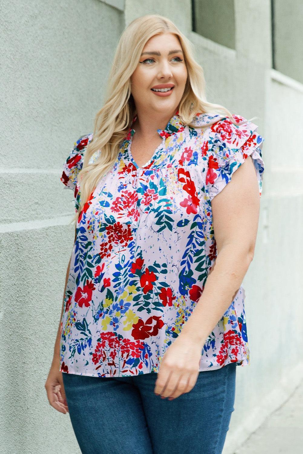 Youthful Glow V Neck Plus Size Floral Blouse - MXSTUDIO.COM