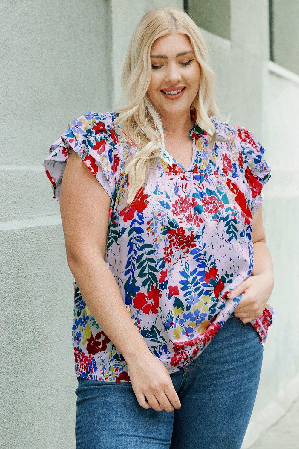 Youthful Glow V Neck Plus Size Floral Blouse - MXSTUDIO.COM