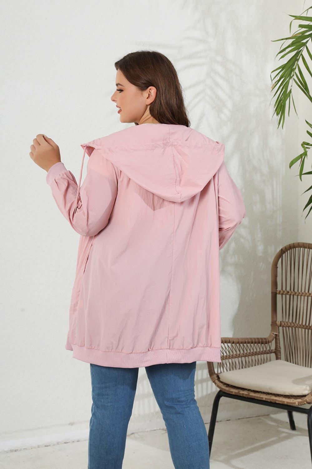 Zip-Up Longline Hooded Plus Size Pink Jacket - MXSTUDIO.COM