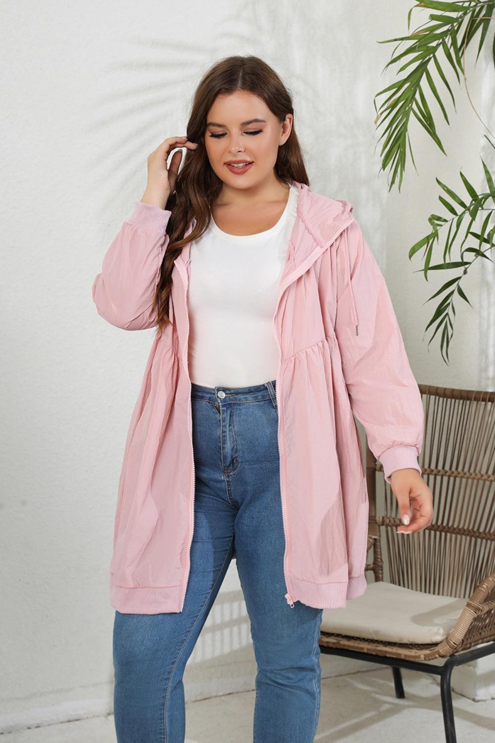 Zip-Up Longline Hooded Plus Size Pink Jacket - MXSTUDIO.COM