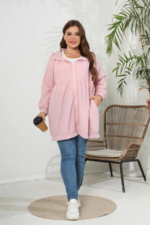 Zip-Up Longline Hooded Plus Size Pink Jacket - MXSTUDIO.COM