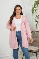 Zip-Up Longline Hooded Plus Size Pink Jacket - MXSTUDIO.COM