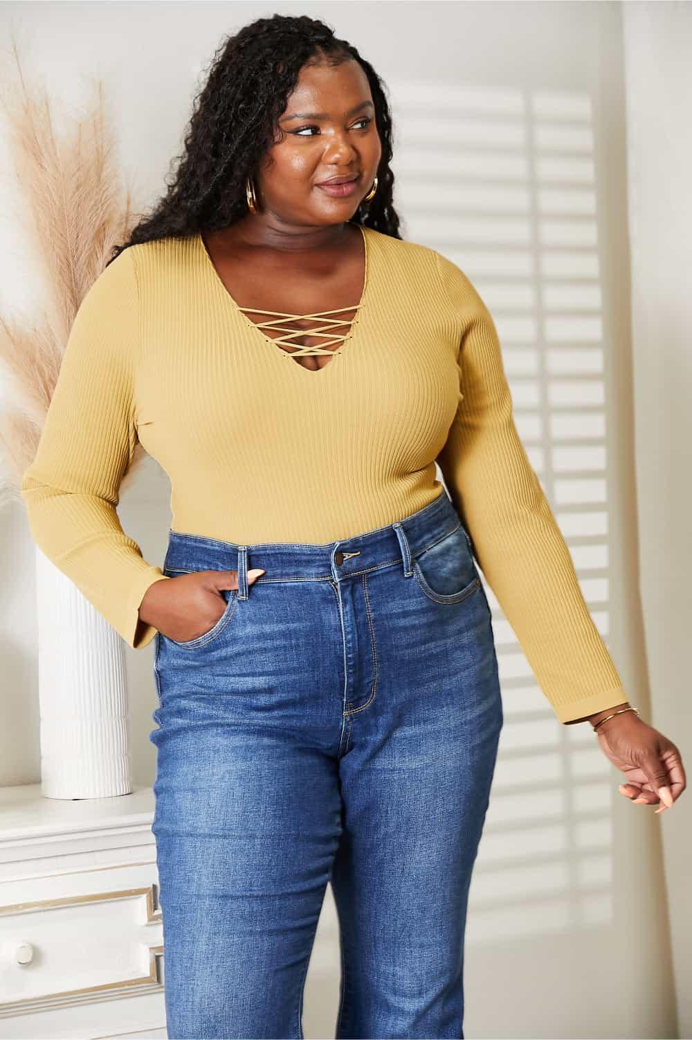 Crisscross Accent Ribbed Plus Size Yellow Bodysuit - MXSTUDIO.COM