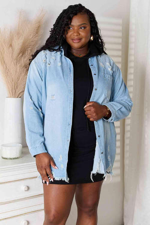 Shield From Chill Plus Size Distressed Denim Jacket - MXSTUDIO.COM