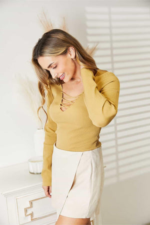 Crisscross Accent Ribbed Plus Size Yellow Bodysuit - MXSTUDIO.COM