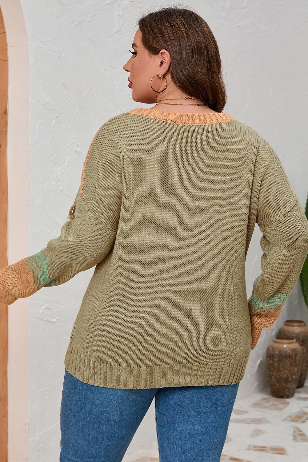 Contrast Long Sleeve Plus Size Fringe Sweater - MXSTUDIO.COM