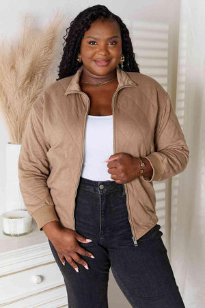 Practical Mocha Women's Plus Size Zip Up Jacket - MXSTUDIO.COM