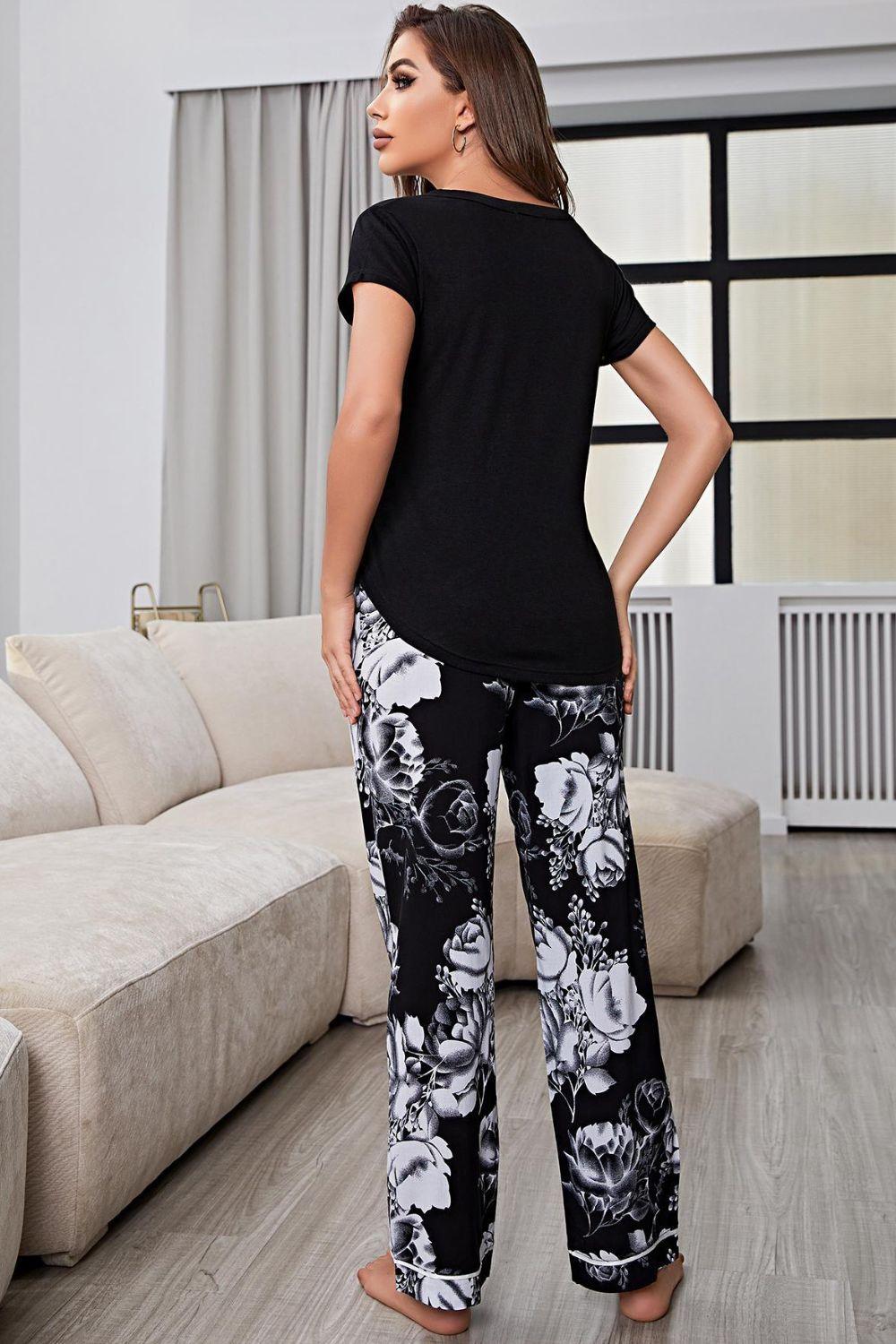 Black Top And Floral Pants Plus Size Lounge Set - MXSTUDIO.COM