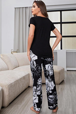 Black Top And Floral Pants Plus Size Lounge Set - MXSTUDIO.COM