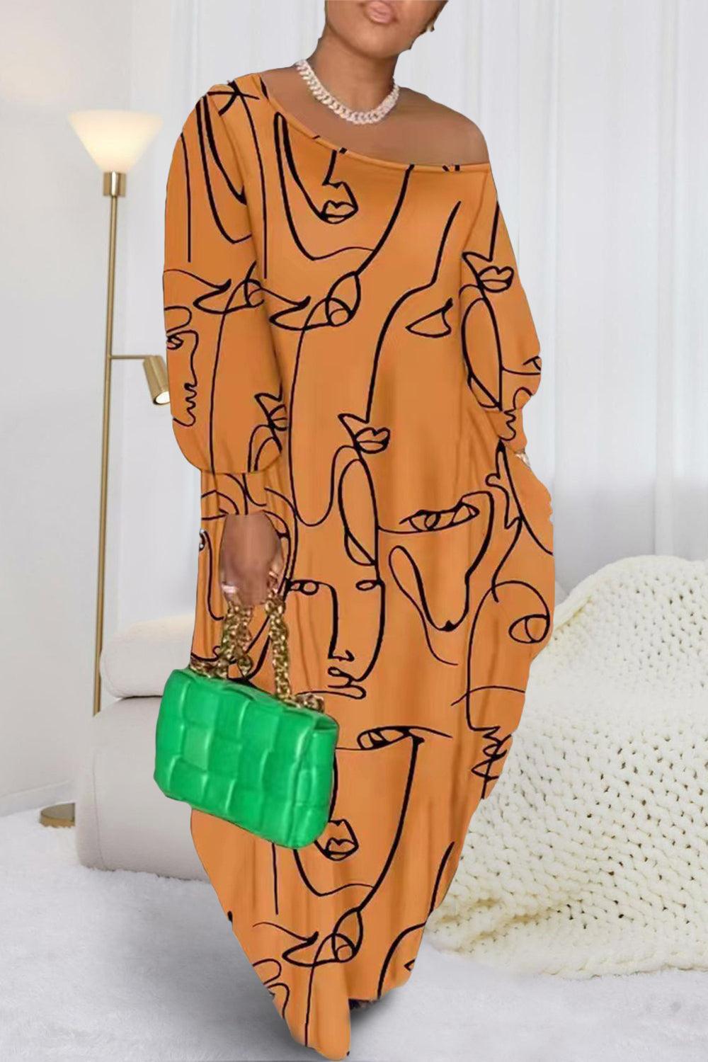 a woman in an orange dress holding a green purse