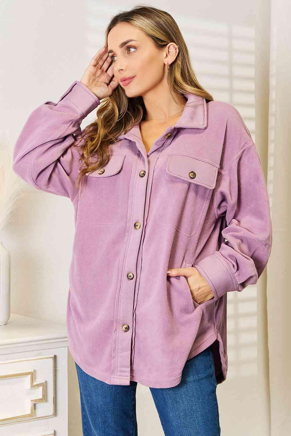 Button Down Lavender Plus Size Women Shacket - MXSTUDIO.COM