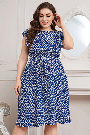 Cobalt Blue Round Neck Plus Size Tie Waist Dress - MXSTUDIO.COM