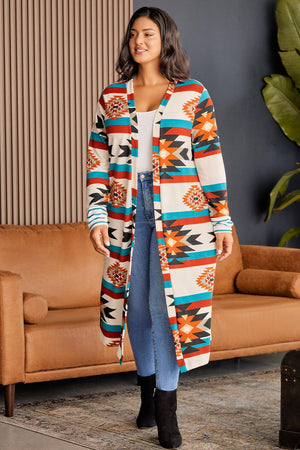 Geometric Print Longline Plus Size Open Front Cardigan - MXSTUDIO.COM