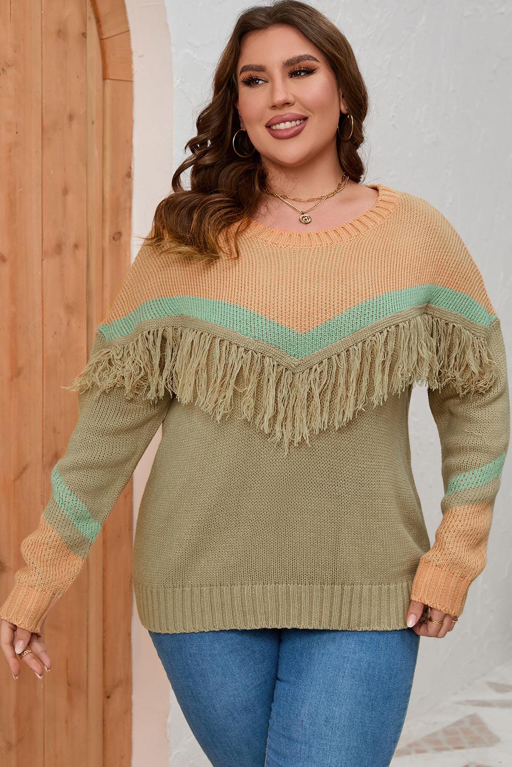 Contrast Long Sleeve Plus Size Fringe Sweater - MXSTUDIO.COM