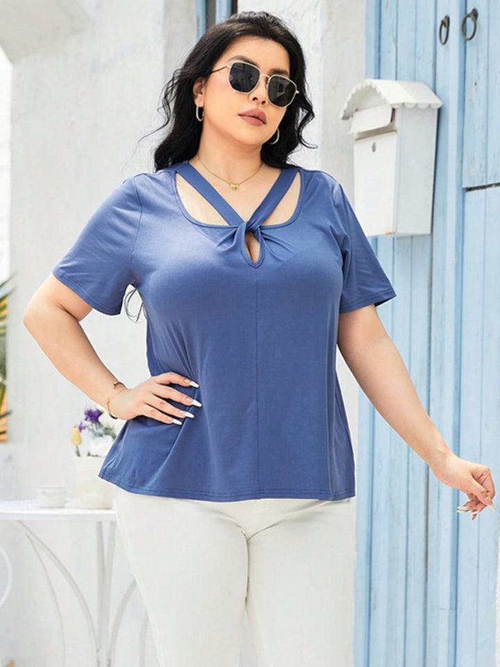 Azure Blue Short Sleeve Plus Size Cutout Top - MXSTUDIO.COM