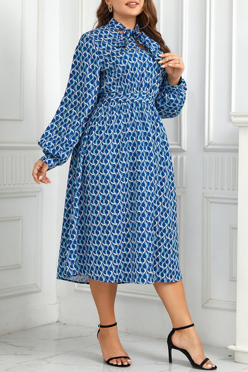 Azure Blue Tie Neck Long Sleeve Plus Size Midi Dress - MXSTUDIO.COM