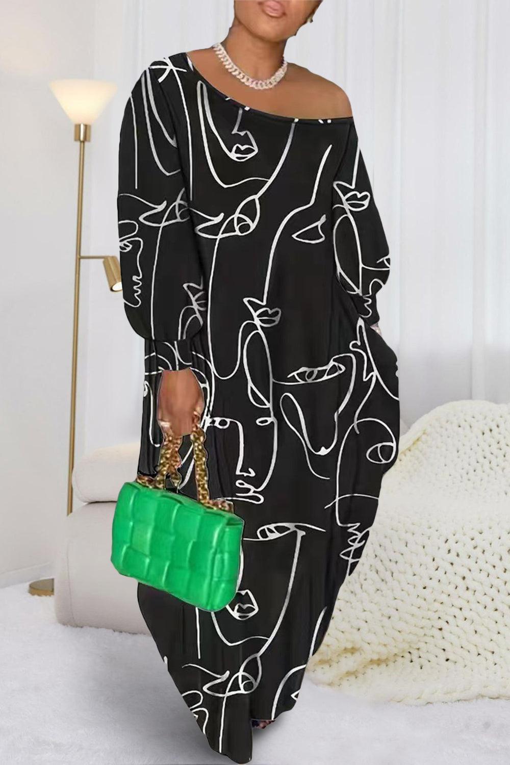 a woman in a black and white dress holding a green purse