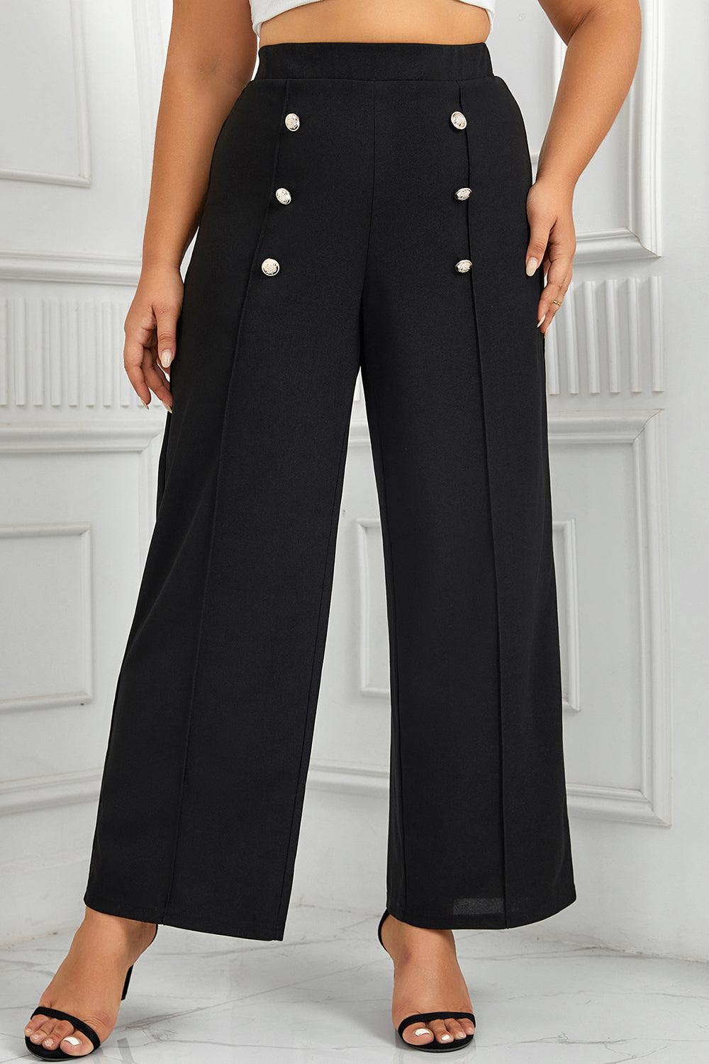 Buttoned Black Plus Size High Waisted Wide Leg Pants - MXSTUDIO.COM