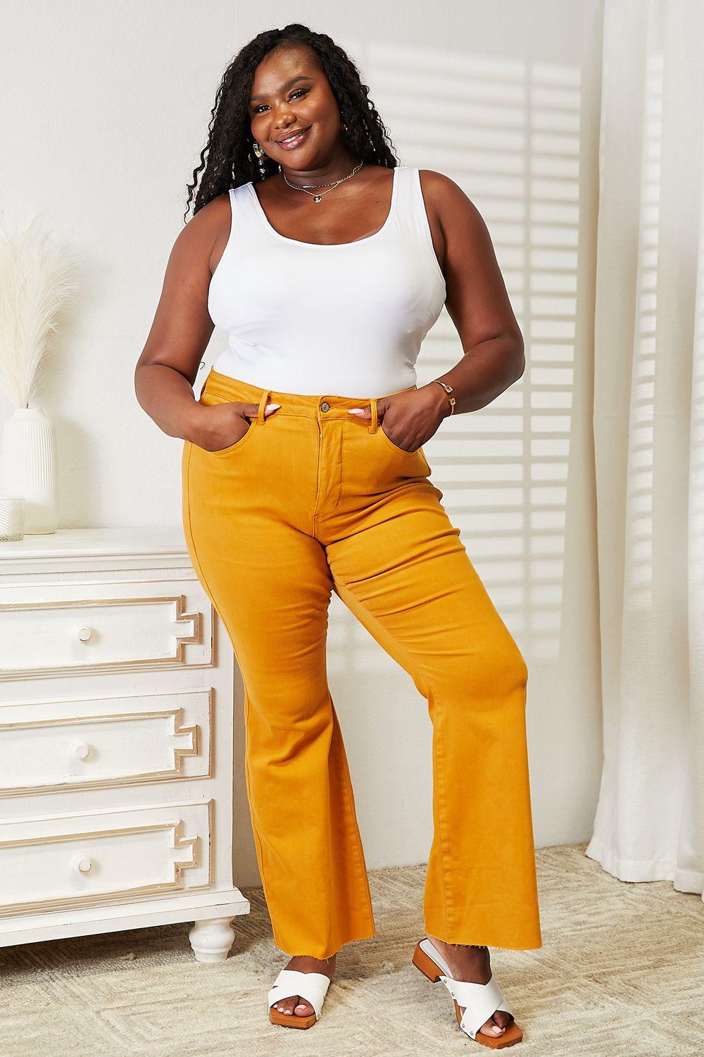 Body-Enhancing Mustard Plus Size High Waisted Flare Jeans - MXSTUDIO.COM