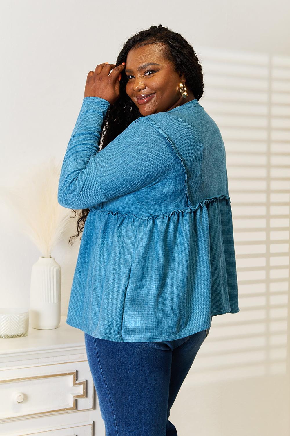 Frill Trim Plus Size Babydoll Sky Blue Blouse - MXSTUDIO.COM