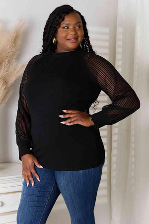 Semi Sheer Long Sleeve Plus Size Black Blouse - MXSTUDIO.COM