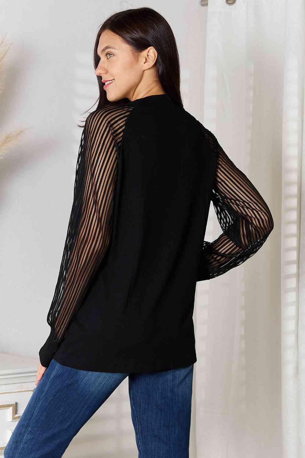 Semi Sheer Long Sleeve Plus Size Black Blouse - MXSTUDIO.COM