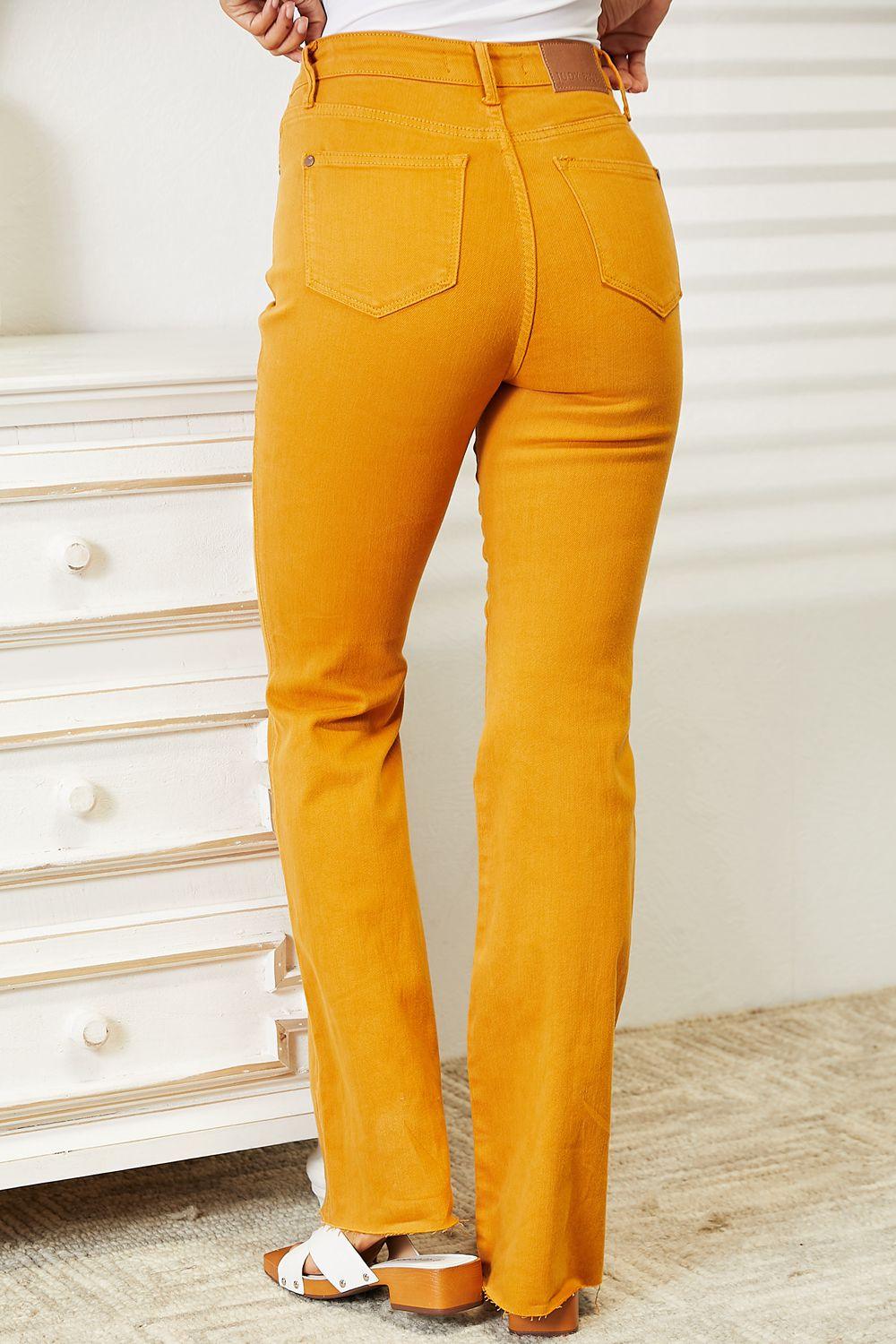 Body-Enhancing Mustard Plus Size High Waisted Flare Jeans - MXSTUDIO.COM