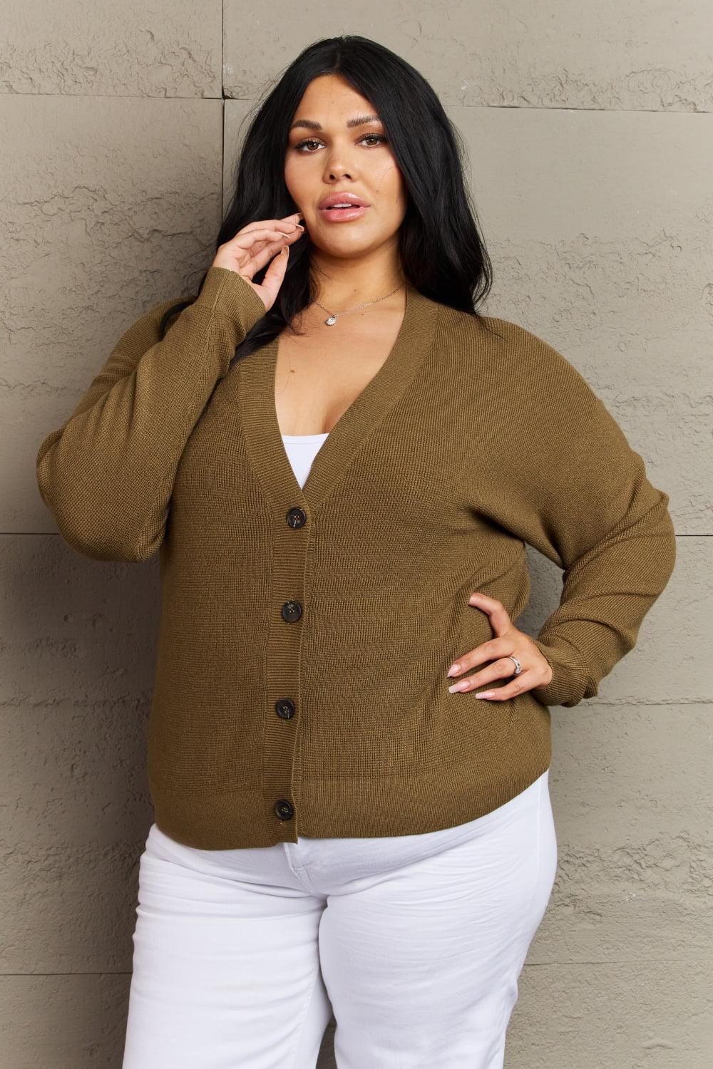 Button Down Plus Size Olive Green Cardigan - MXSTUDIO.COM