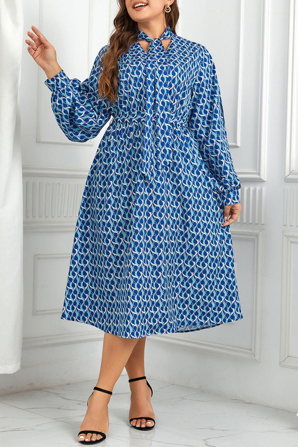 Azure Blue Tie Neck Long Sleeve Plus Size Midi Dress - MXSTUDIO.COM