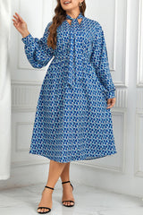 Azure Blue Tie Neck Long Sleeve Plus Size Midi Dress - MXSTUDIO.COM