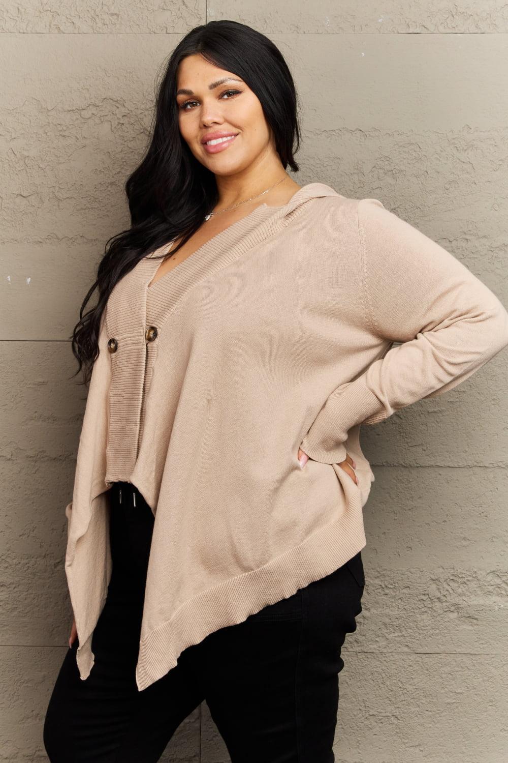 Double-Breasted Sharkbite Hem Plus Size Hooded Cardigan - MXSTUDIO.COM