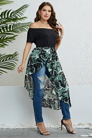 Contrast Asymmetrical Hem Plus Size Off The Shoulder Dress - MXSTUDIO.COM