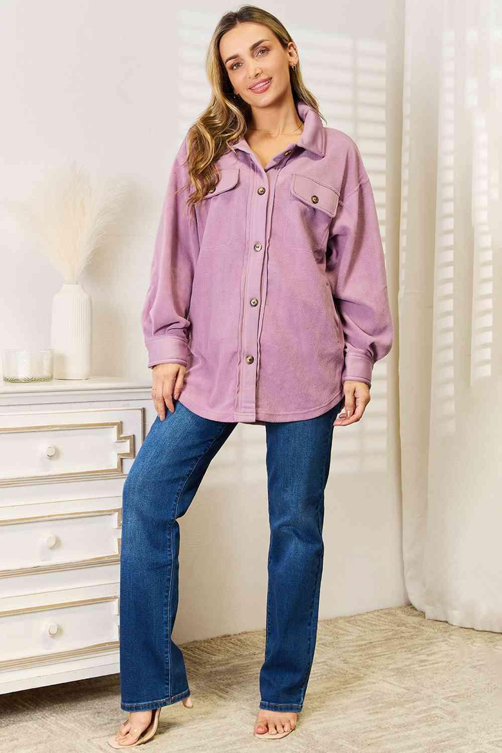 Button Down Lavender Plus Size Women Shacket - MXSTUDIO.COM