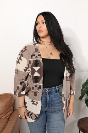 Aztec Pattern Mocha Plus Size Open Front Cardigan - MXSTUDIO.COM