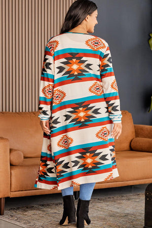 Geometric Print Longline Plus Size Open Front Cardigan - MXSTUDIO.COM