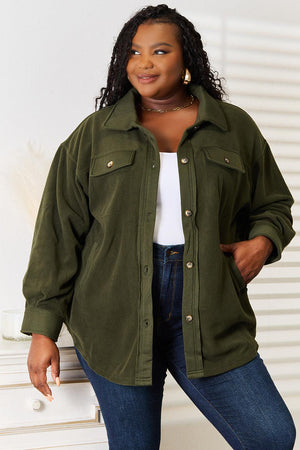 Army Green Button Down Plus Size Shacket - MXSTUDIO.COM