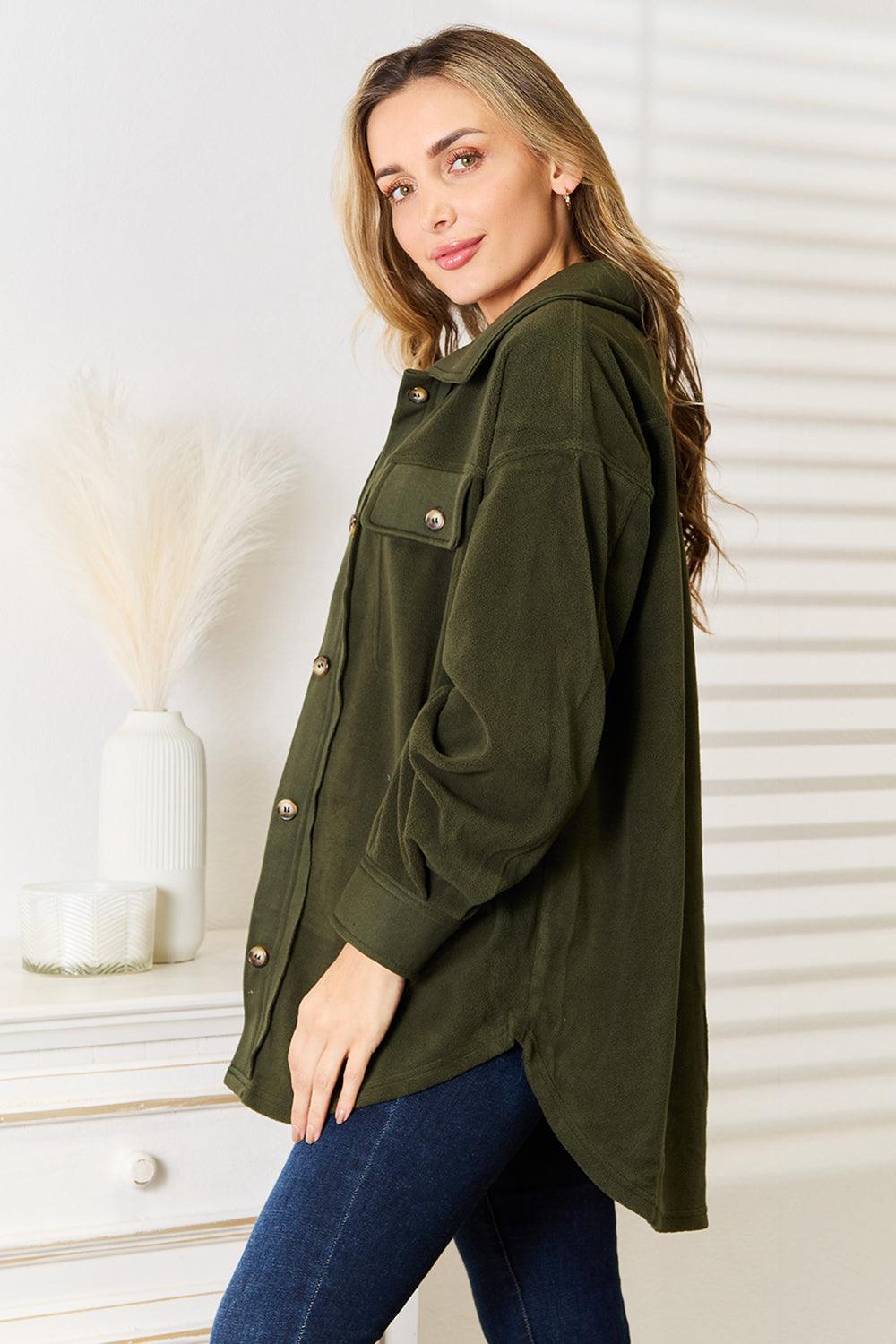 Army Green Button Down Plus Size Shacket - MXSTUDIO.COM